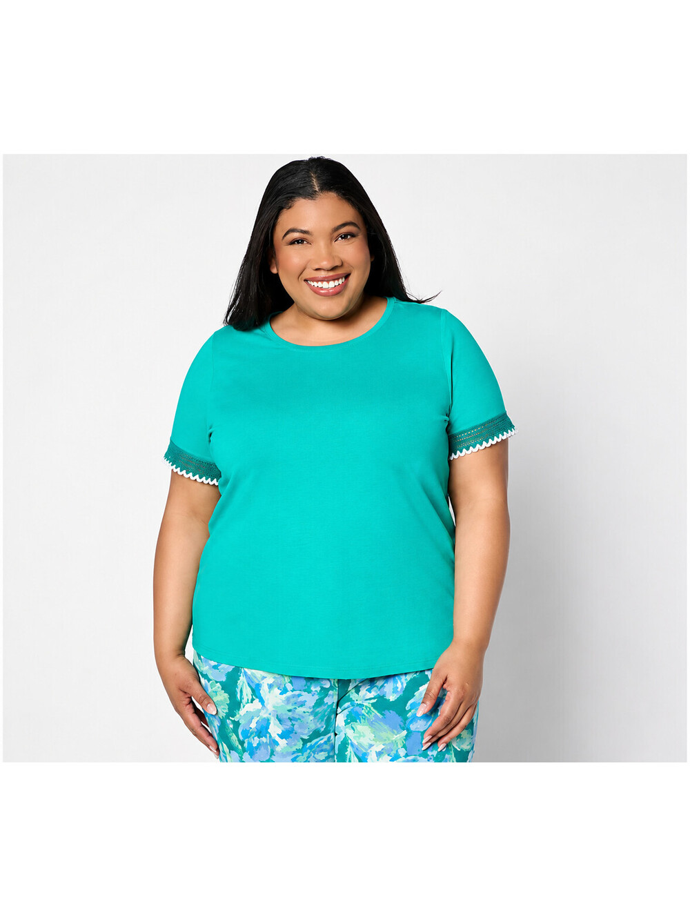 Isaac Mizrahi Live! Short Sleeve Top with Embroidery Trim Green Turquoise, M